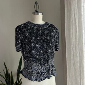 Papell Boutique Evening Women’s Medium Blouse Black Silk Beaded Scallop Hem